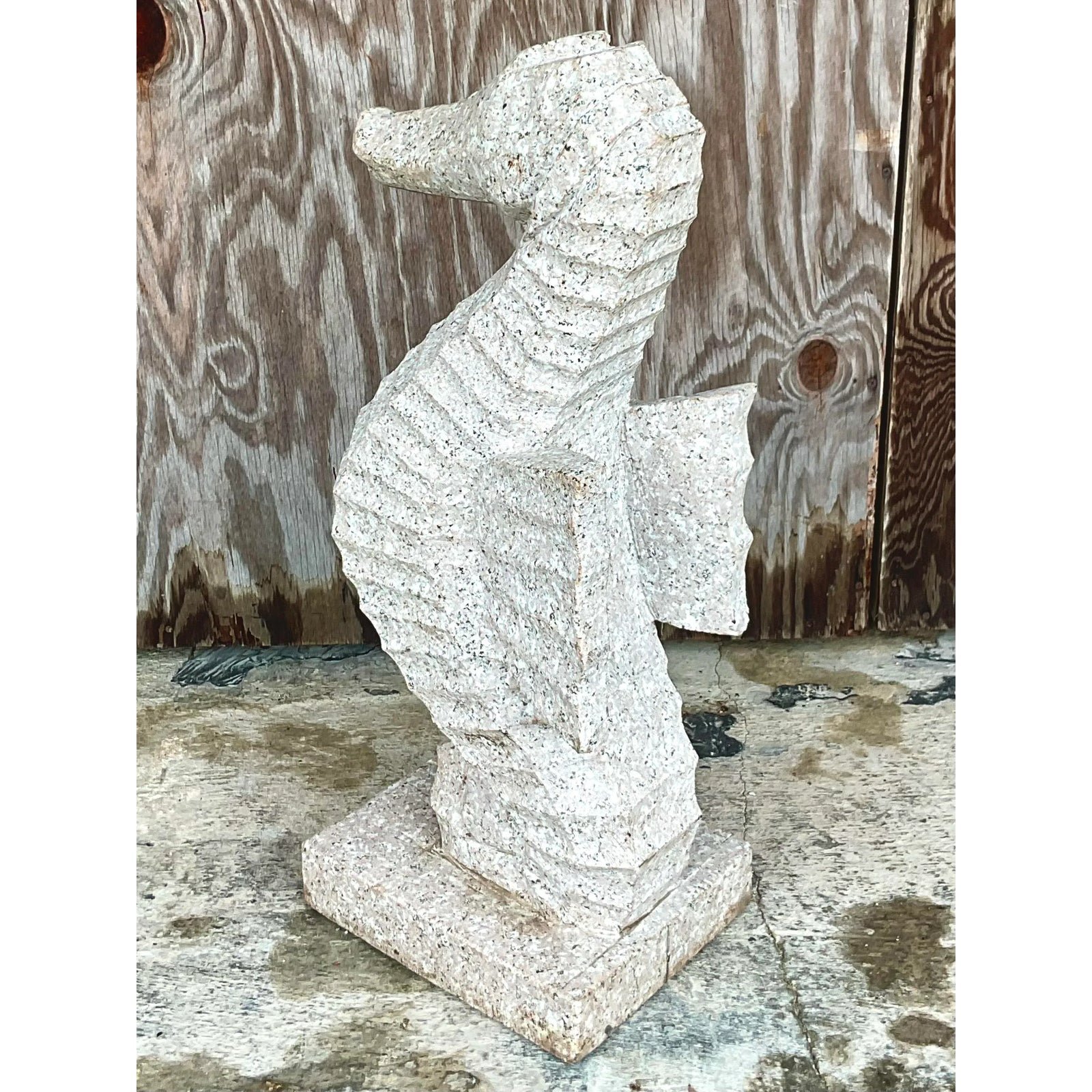 Vintage Monumental Coastal Carved Stone Sea Horse Sculpture - Top view