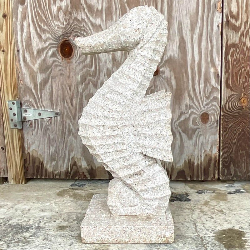 Vintage Monumental Coastal Carved Stone Sea Horse Sculpture - Detail view