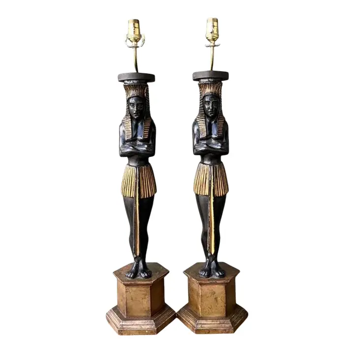Vintage Monumental Ebonized Pharaoh Table Lamps - A Pair