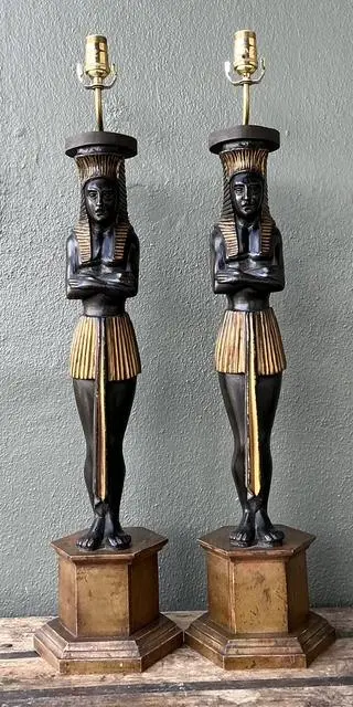 Vintage Monumental Ebonized Pharaoh Table Lamps - A Pair - Back view