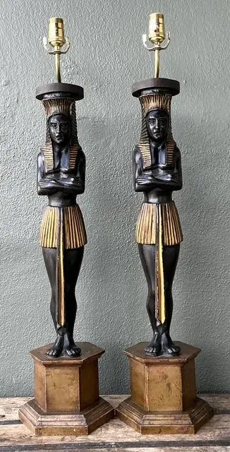 Vintage Monumental Ebonized Pharaoh Table Lamps - A Pair - Side view