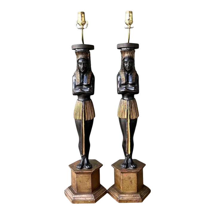 Vintage Monumental Ebonized Pharaoh Table Lamps - A Pair - Detail view