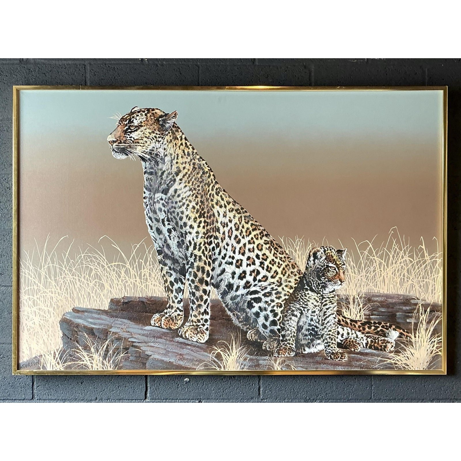 Vintage Monumental Original Oil Painting of Cheetahs - Detail view