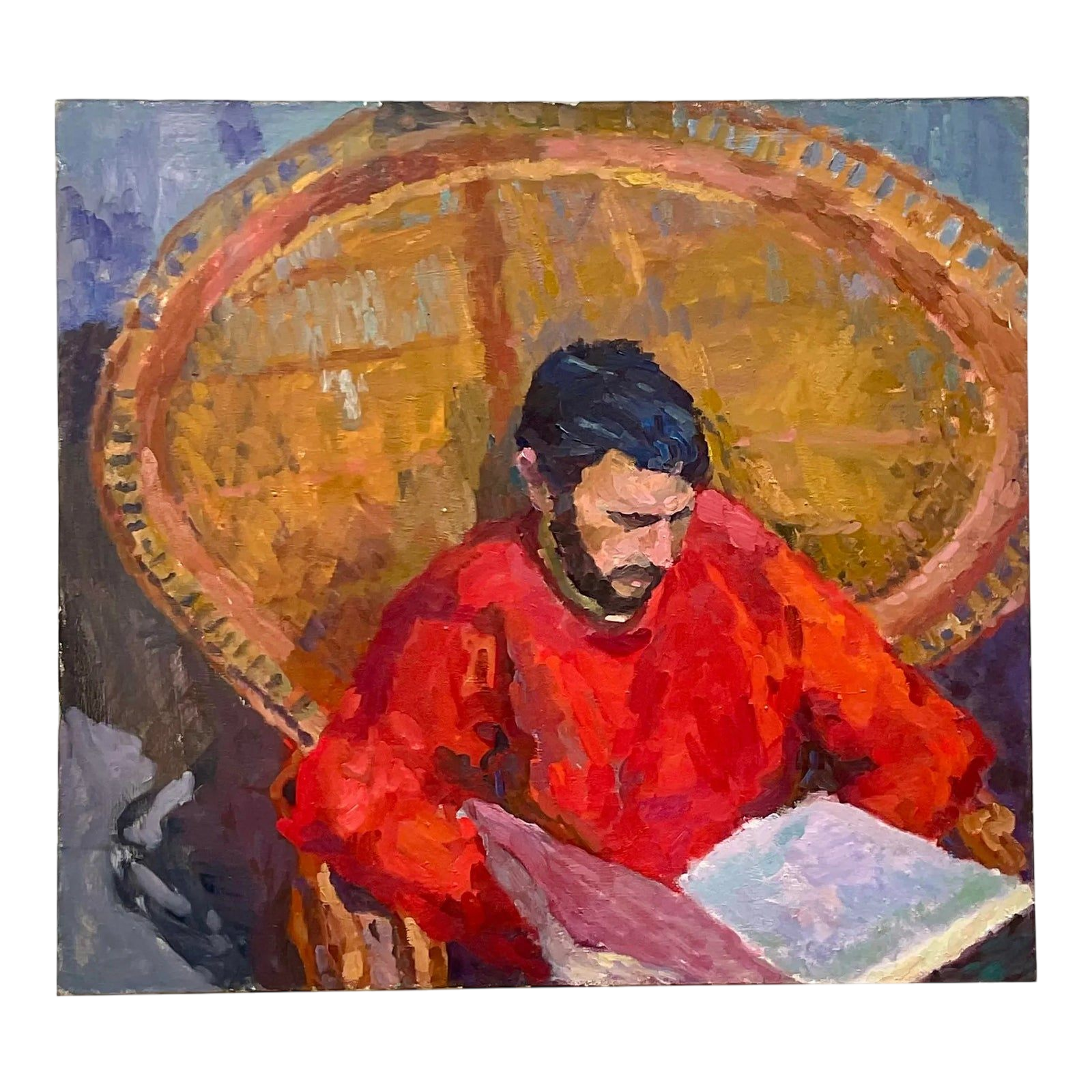 Vintage Monumental Original Signed Painting of Reading Man
