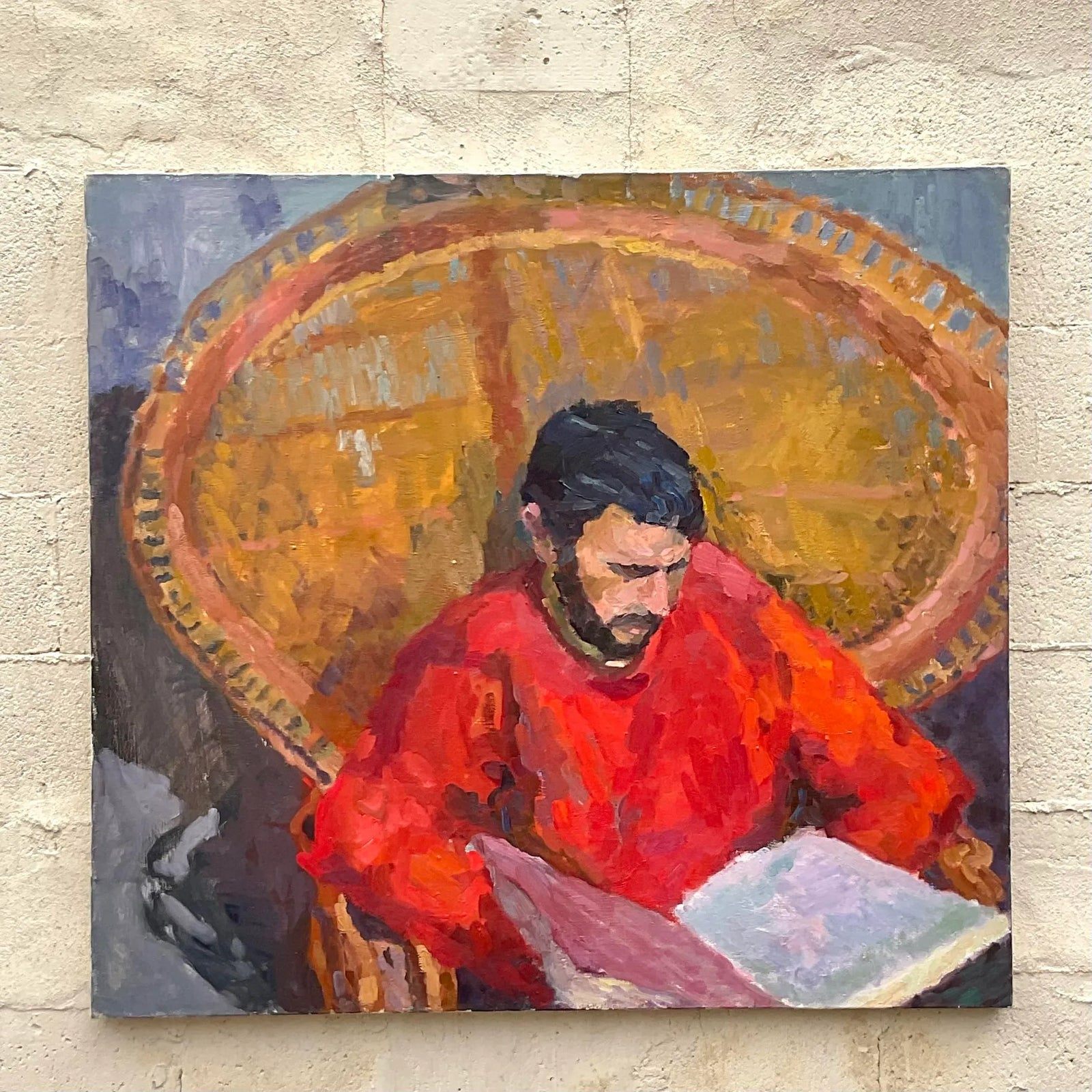 Vintage Monumental Original Signed Painting of Reading Man - Side view