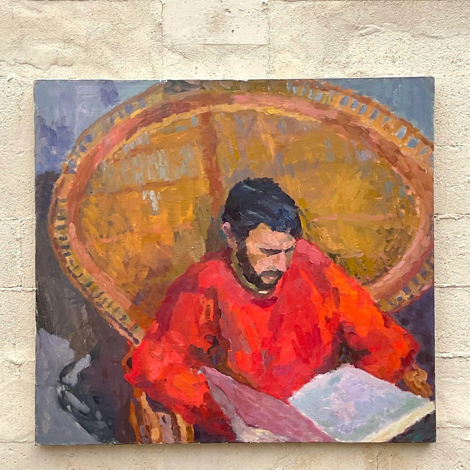 Vintage Monumental Original Signed Painting of Reading Man - Detail view