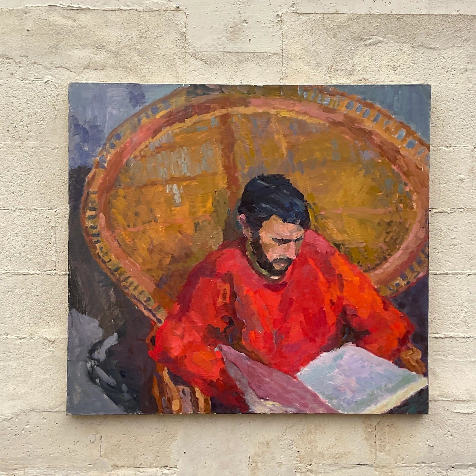 Vintage Monumental Original Signed Painting of Reading Man - Back view