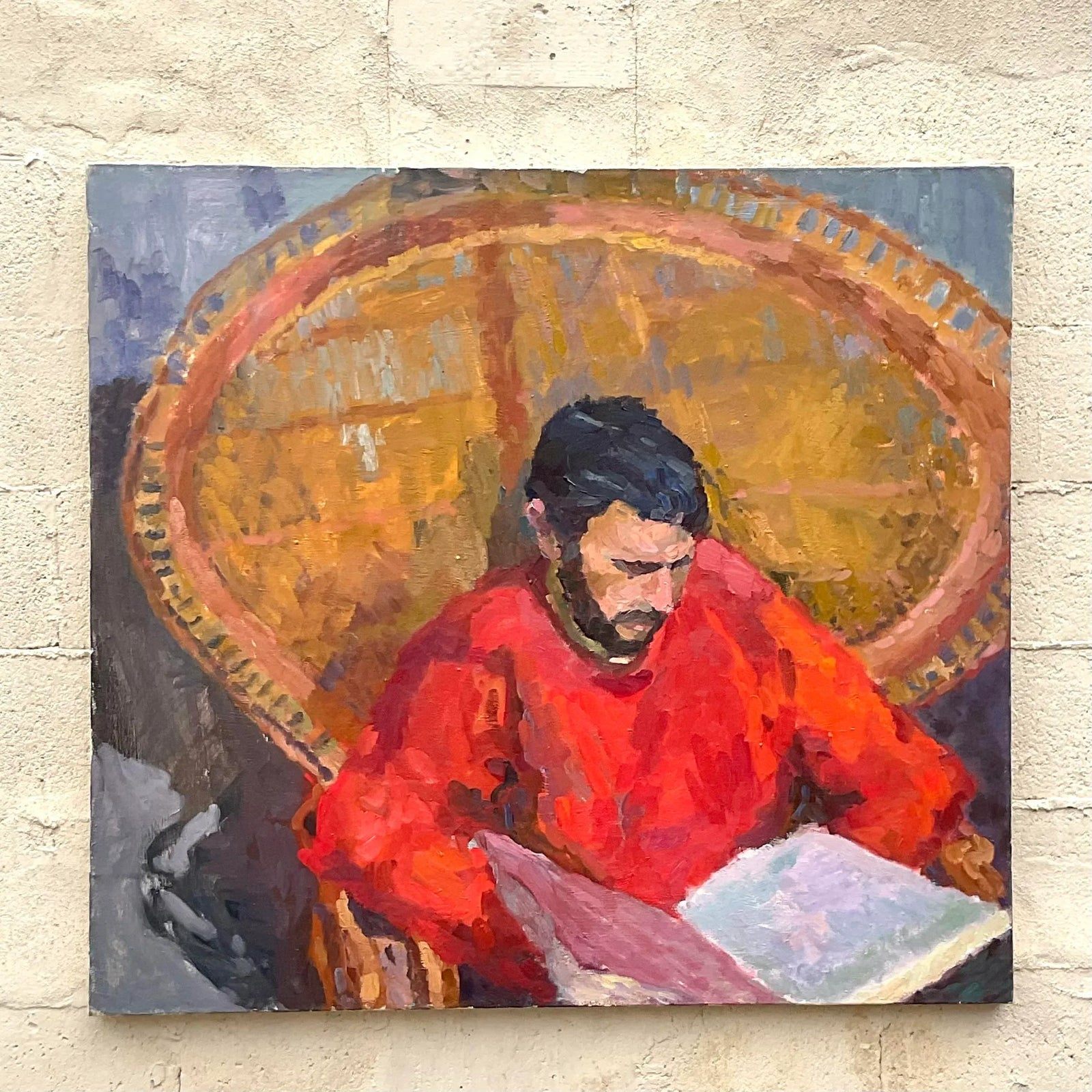 Vintage Monumental Original Signed Painting of Reading Man - Top view