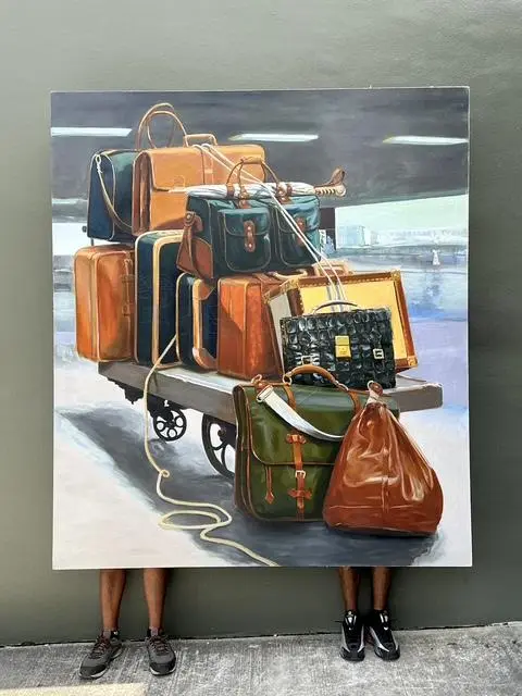 Vintage Monumental Original Still Life of Stacked Luggage - Back view