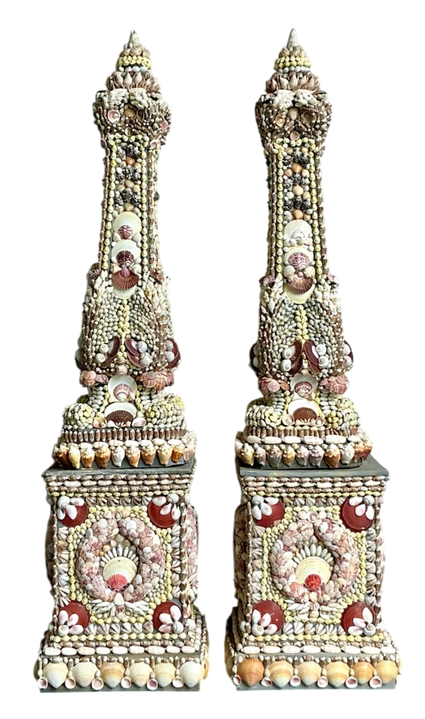 Vintage Monumental Shell Encrusted Obelisks- a Pair - Detail view