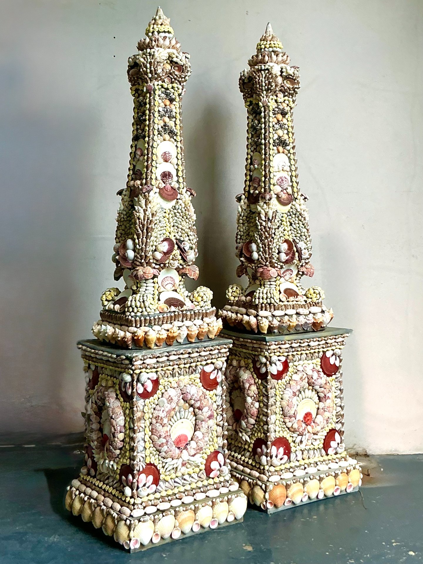 Vintage Monumental Shell Encrusted Obelisks- a Pair - Back view