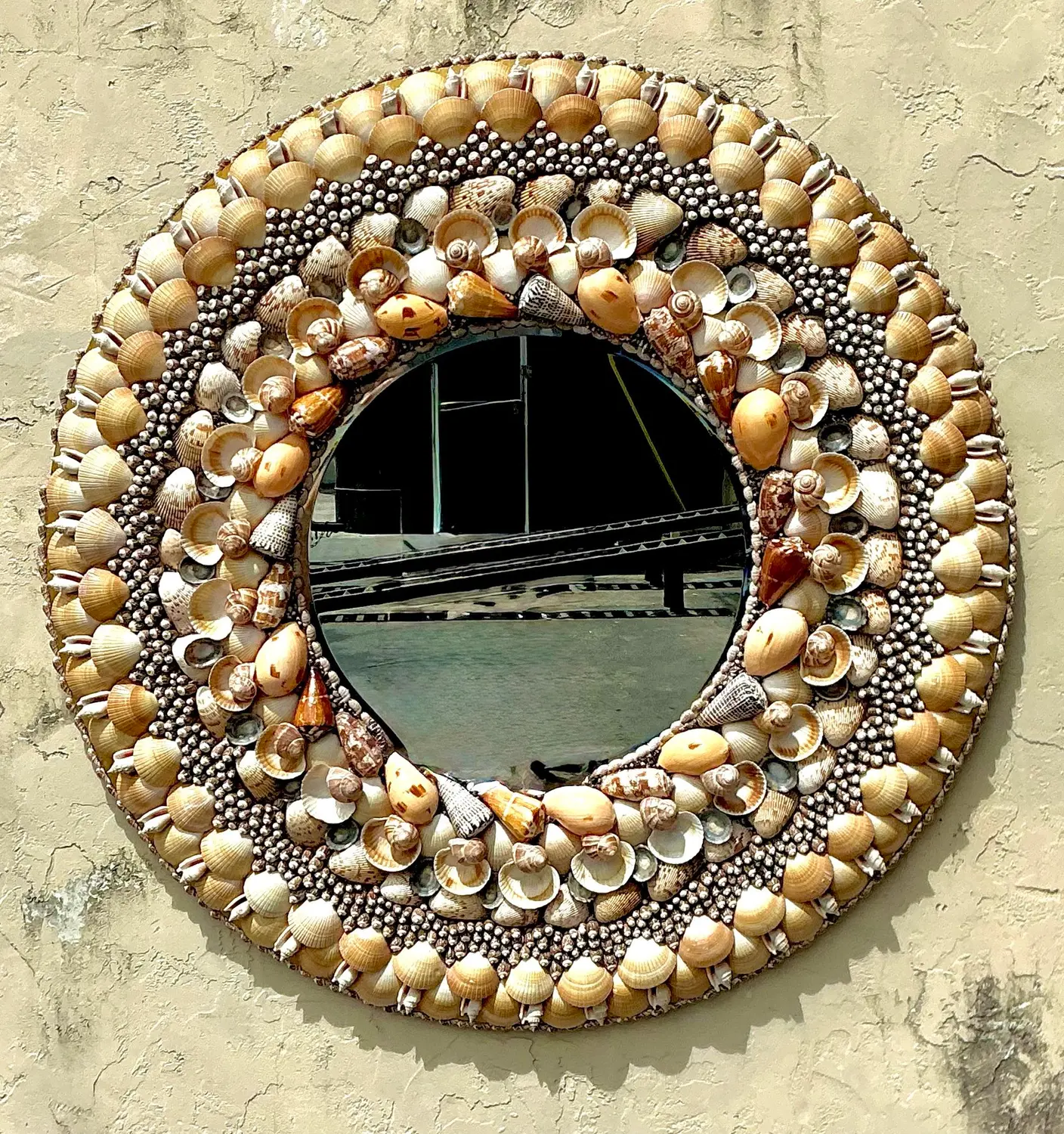 Vintage Monumental Shell Encrusted Round Mirror - Detail view