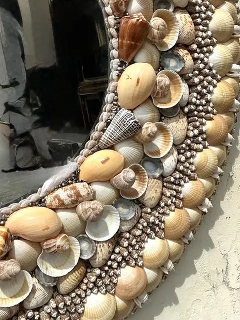 Vintage Monumental Shell Encrusted Round Mirror - Side view