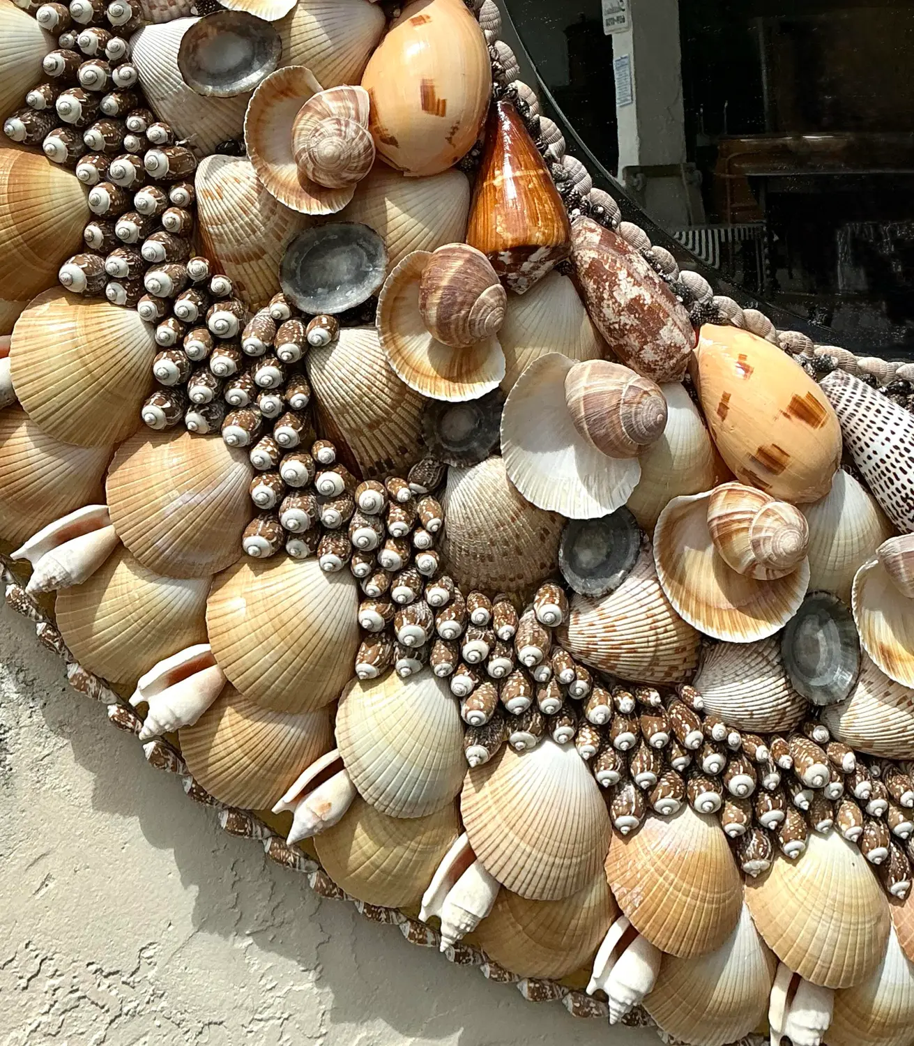 Vintage Monumental Shell Encrusted Round Mirror - Top view
