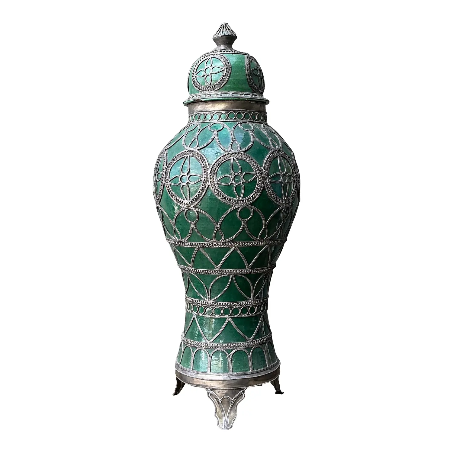 Vintage Moroccan Glazed Ceramic Lidded Urn