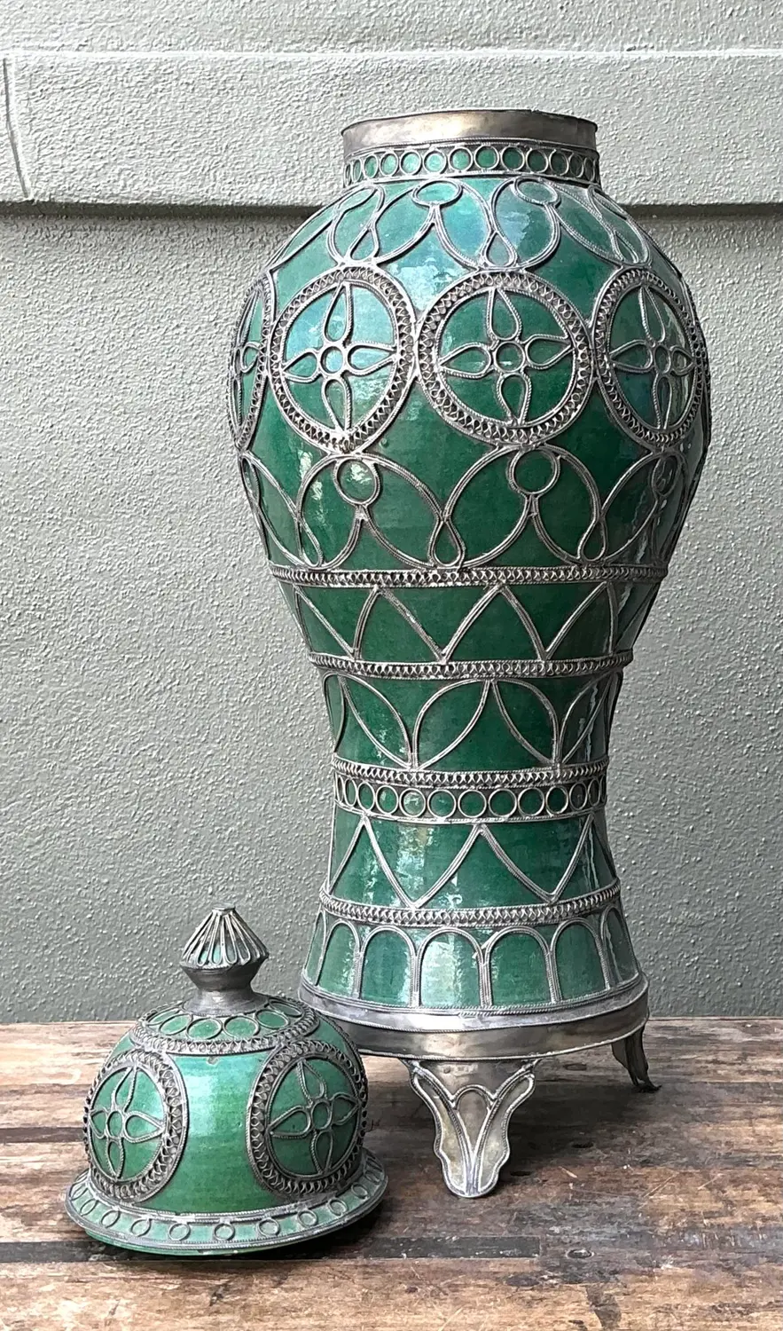 Vintage Moroccan Glazed Ceramic Lidded Urn - Detail view