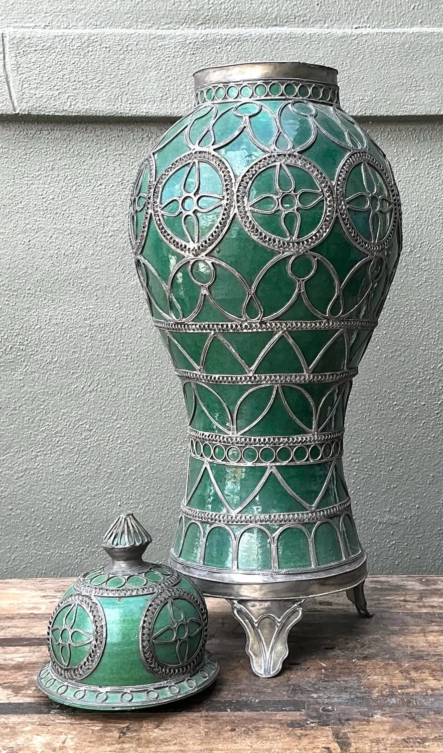 Vintage Moroccan Glazed Ceramic Lidded Urn - Top view