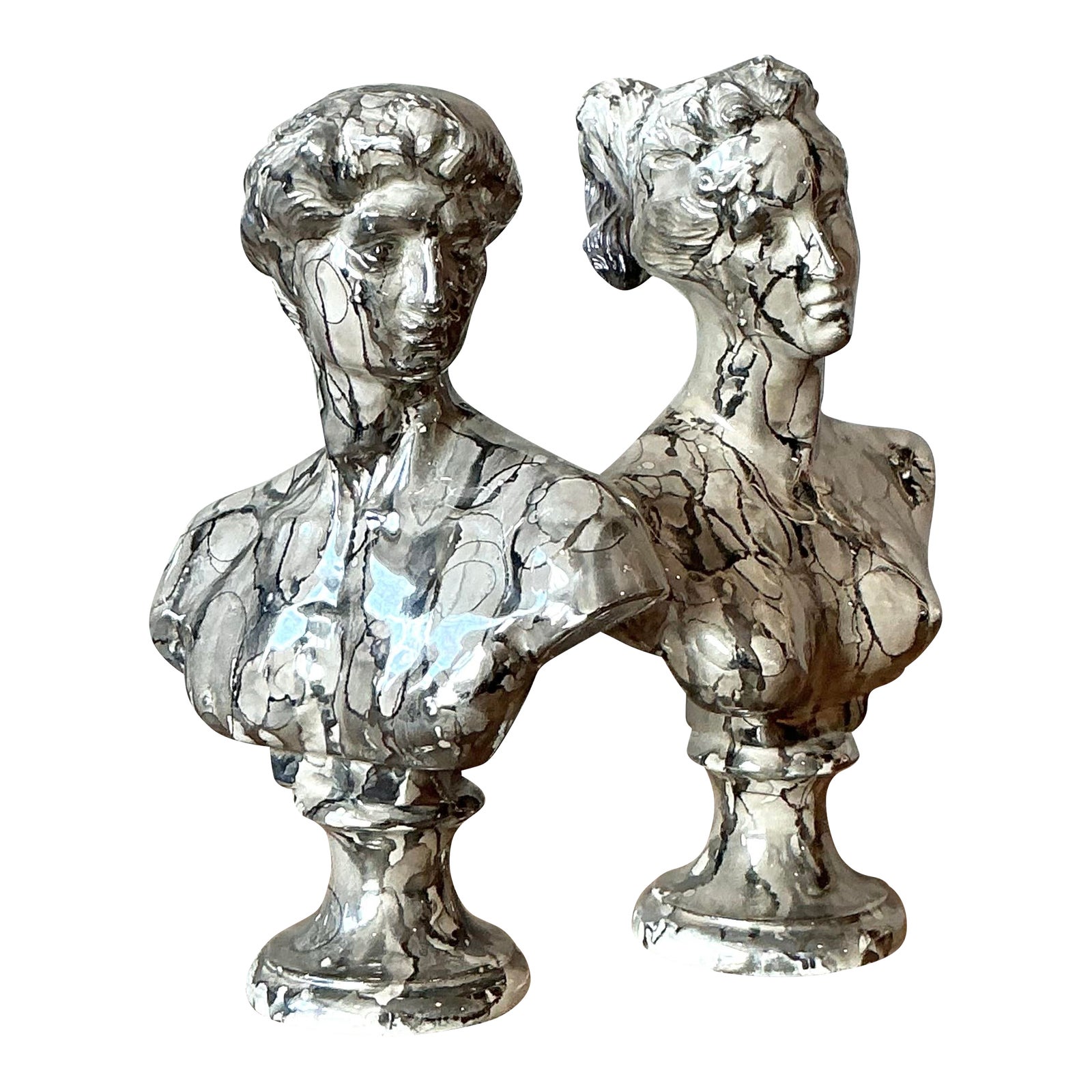 Vintage Neoclassical Marbled Glaze Figures - Set of Two