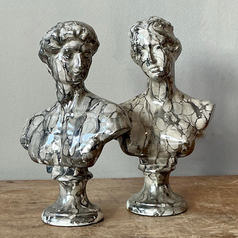 Vintage Neoclassical Marbled Glaze Figures - Set of Two - Top view