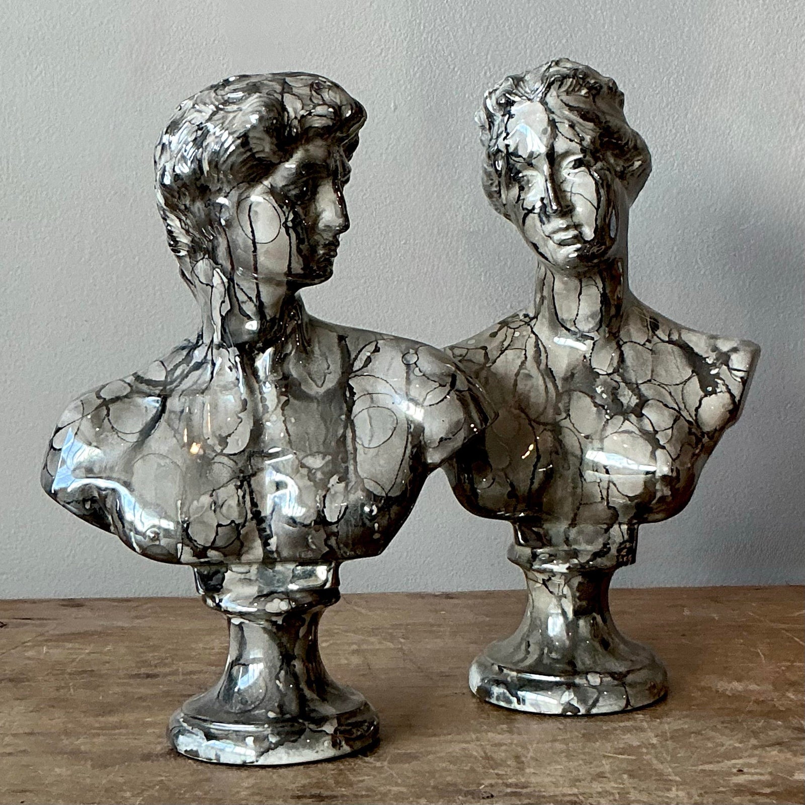 Vintage Neoclassical Marbled Glaze Figures - Set of Two - Back view