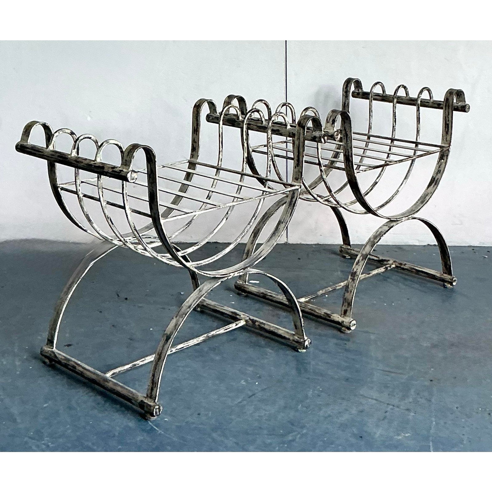 Vintage Neoclassical Patinated Curule Bench - A Pair - Side view