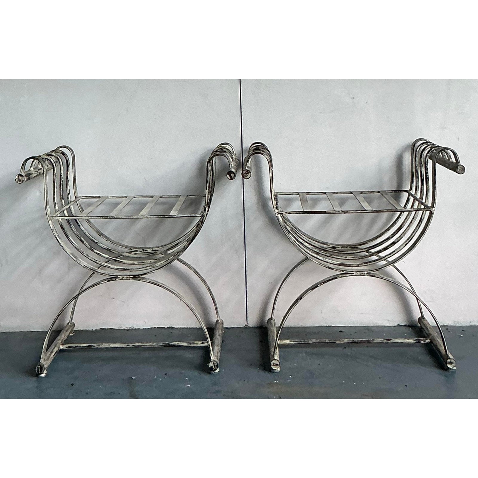 Vintage Neoclassical Patinated Curule Bench - A Pair - Top view