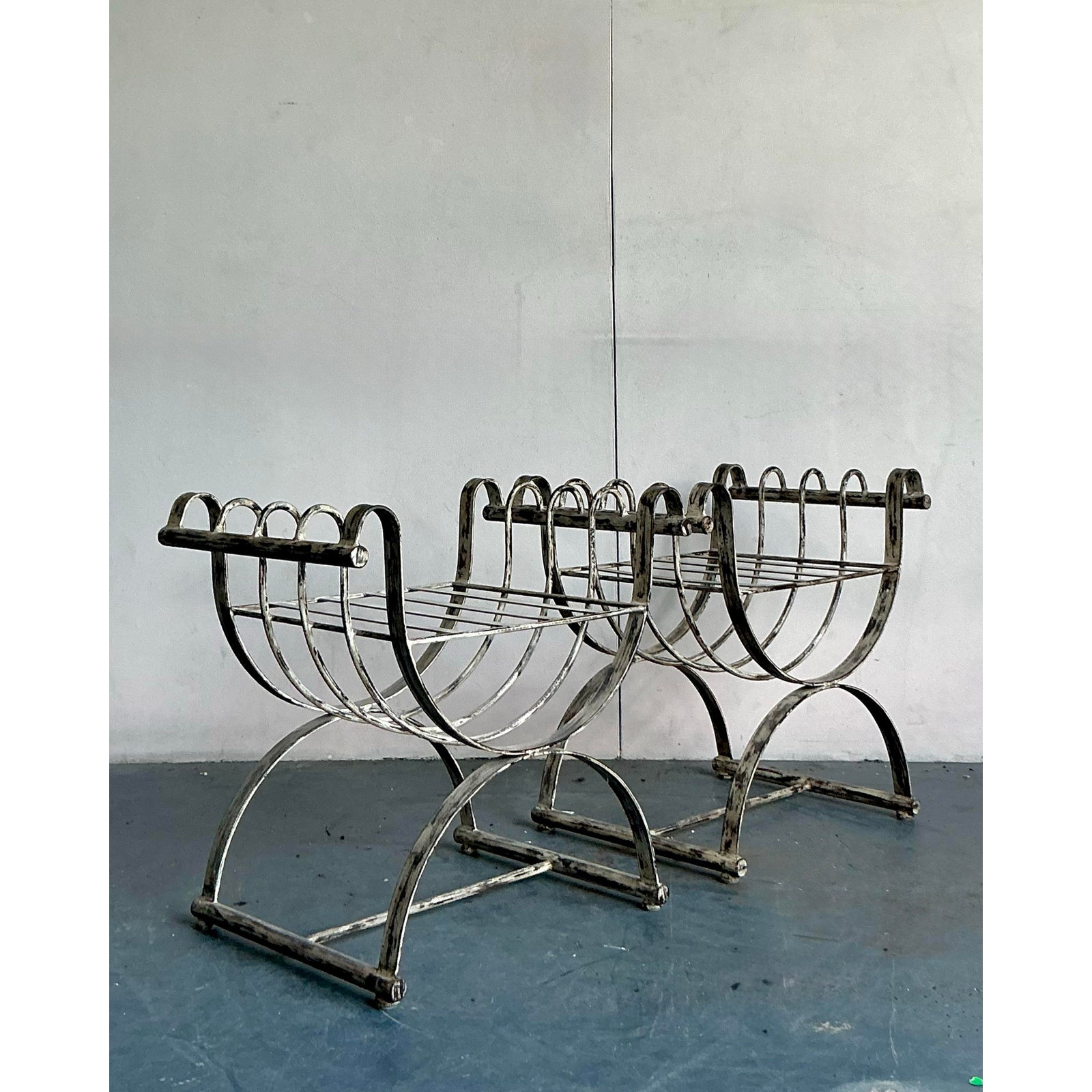 Vintage Neoclassical Patinated Curule Bench - A Pair - Back view