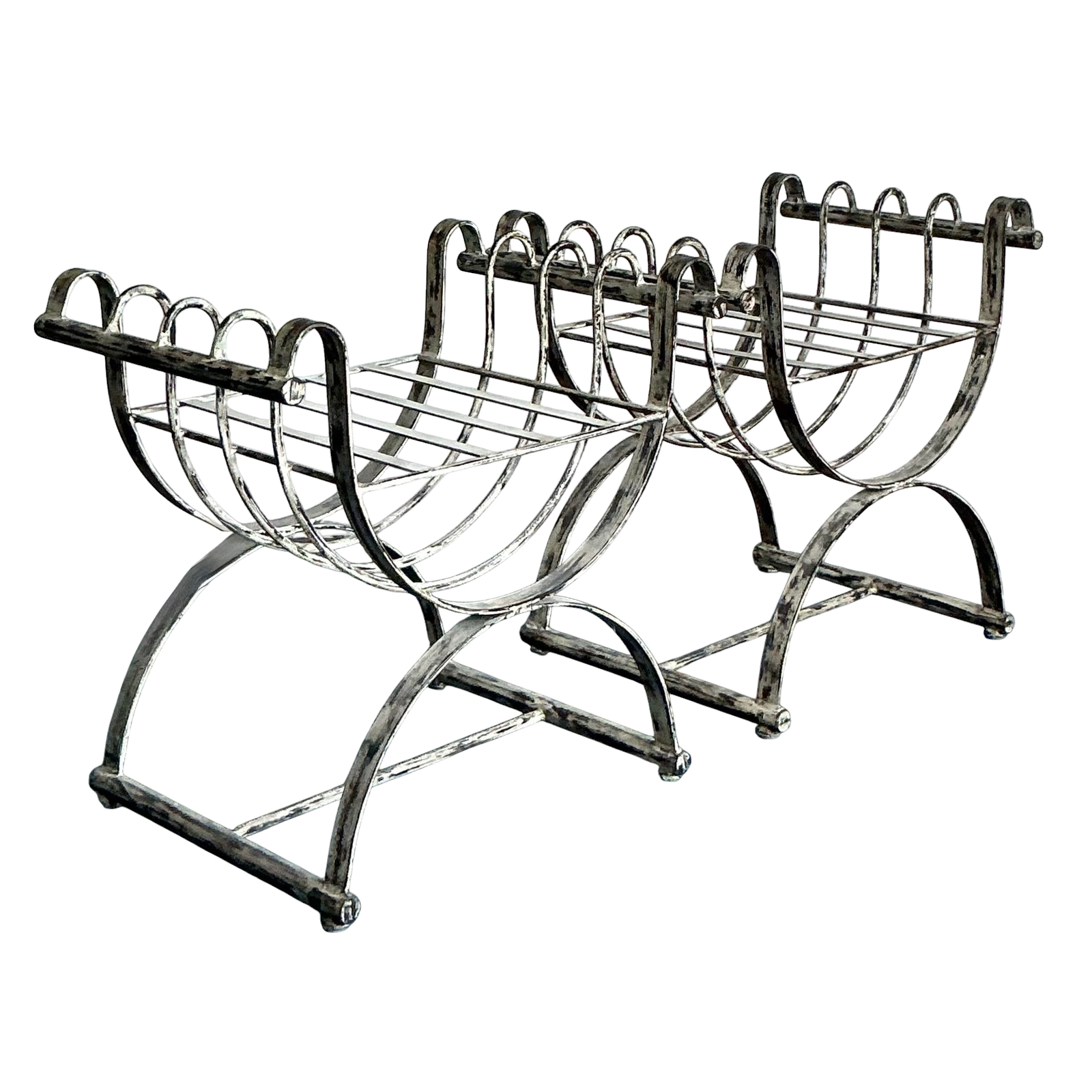Vintage Neoclassical Patinated Curule Bench - A Pair - Detail view