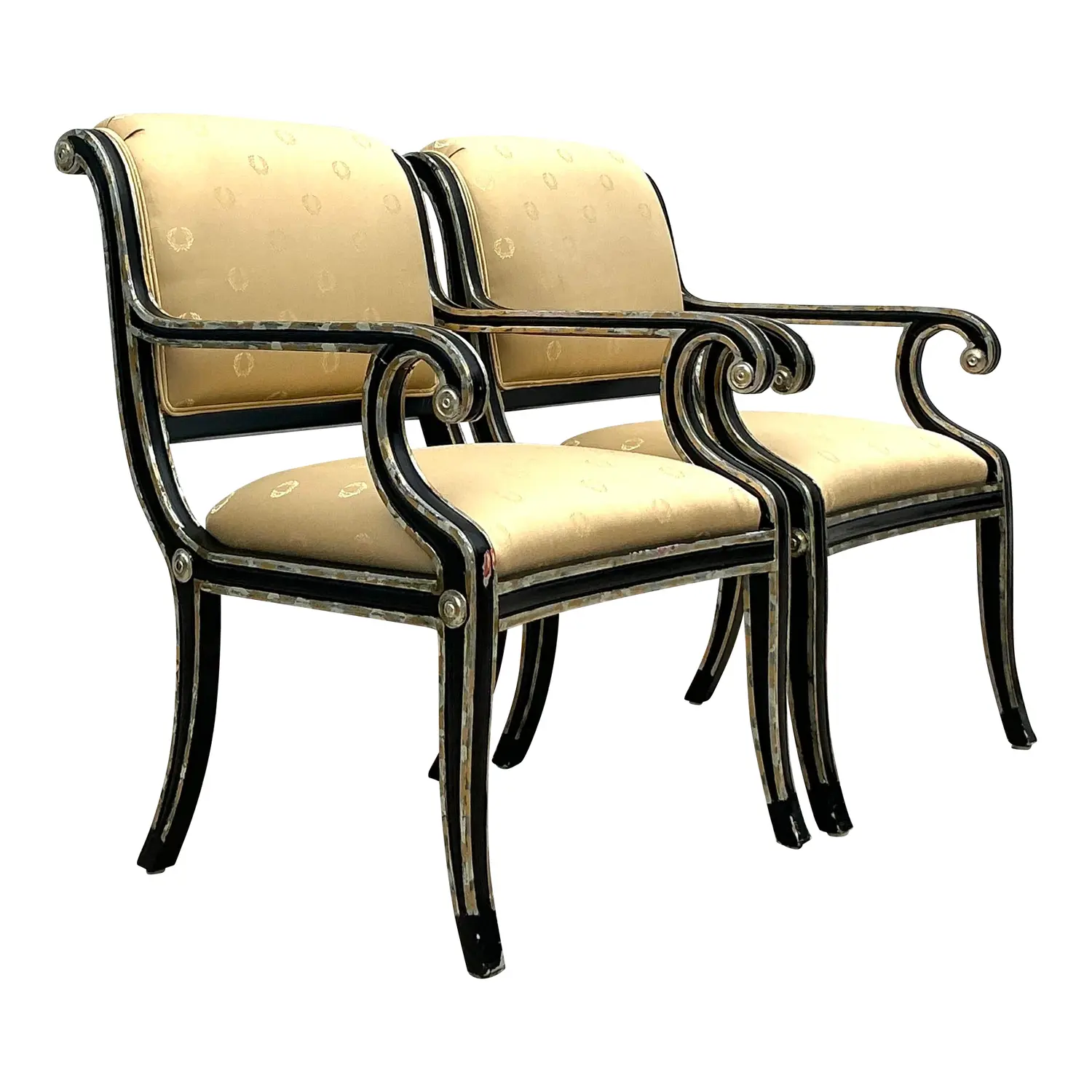 Vintage Neoclassical Sillver Gilt Tipped Lounge Chairs - a Pair