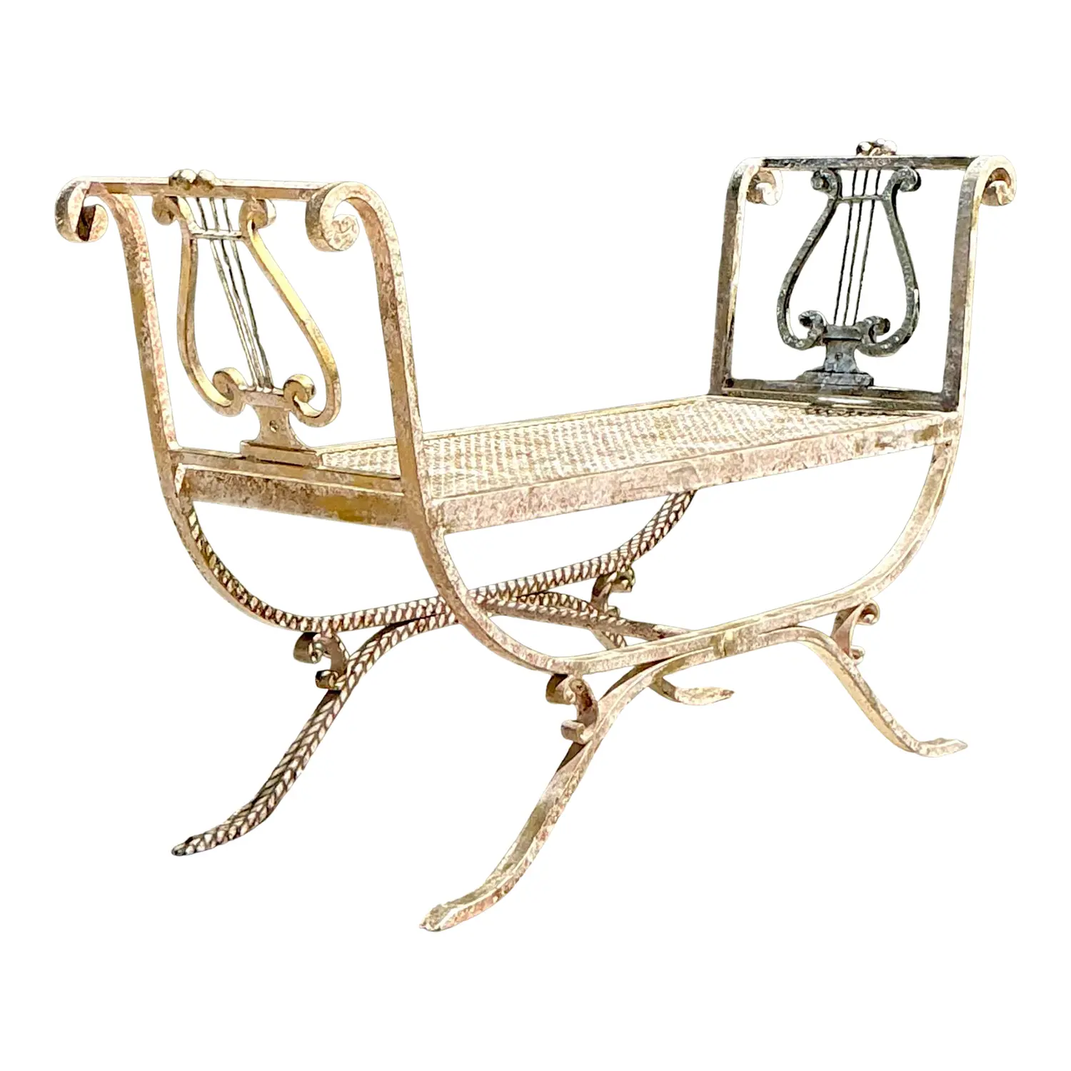Vintage Neoclassical Wrought Iron Lyre Bench