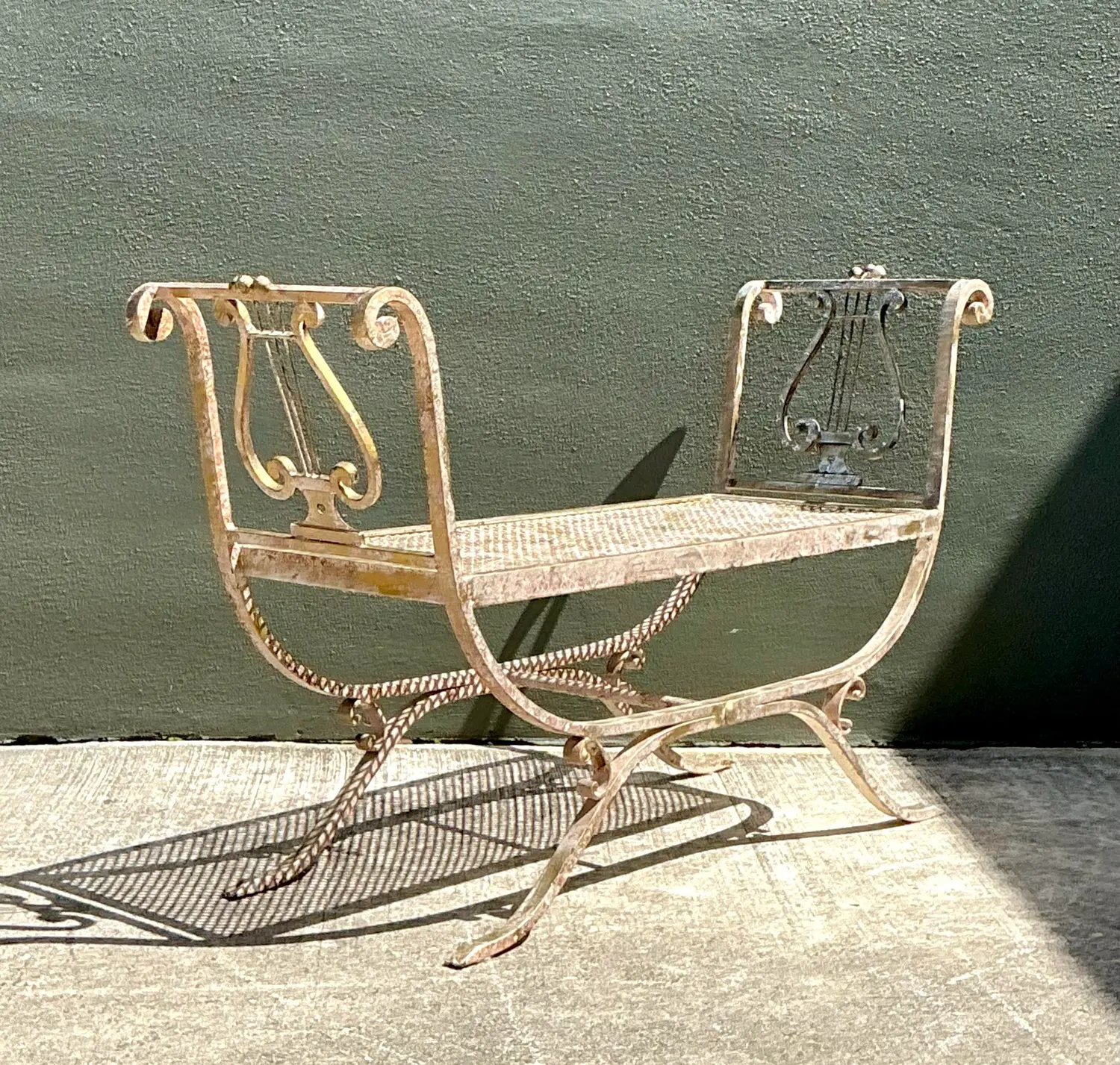 Vintage Neoclassical Wrought Iron Lyre Bench - Detail view