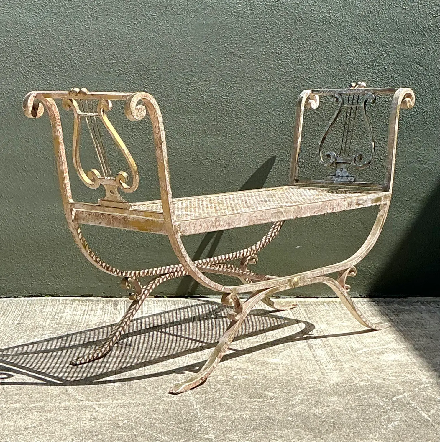 Vintage Neoclassical Wrought Iron Lyre Bench - Side view
