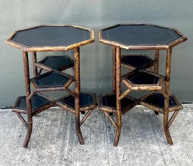 Vintage Octagon Burnt Bamboo Side Tables - A Pair - Detail view