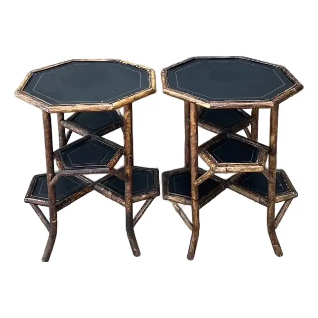Vintage Octagon Burnt Bamboo Side Tables - A Pair
