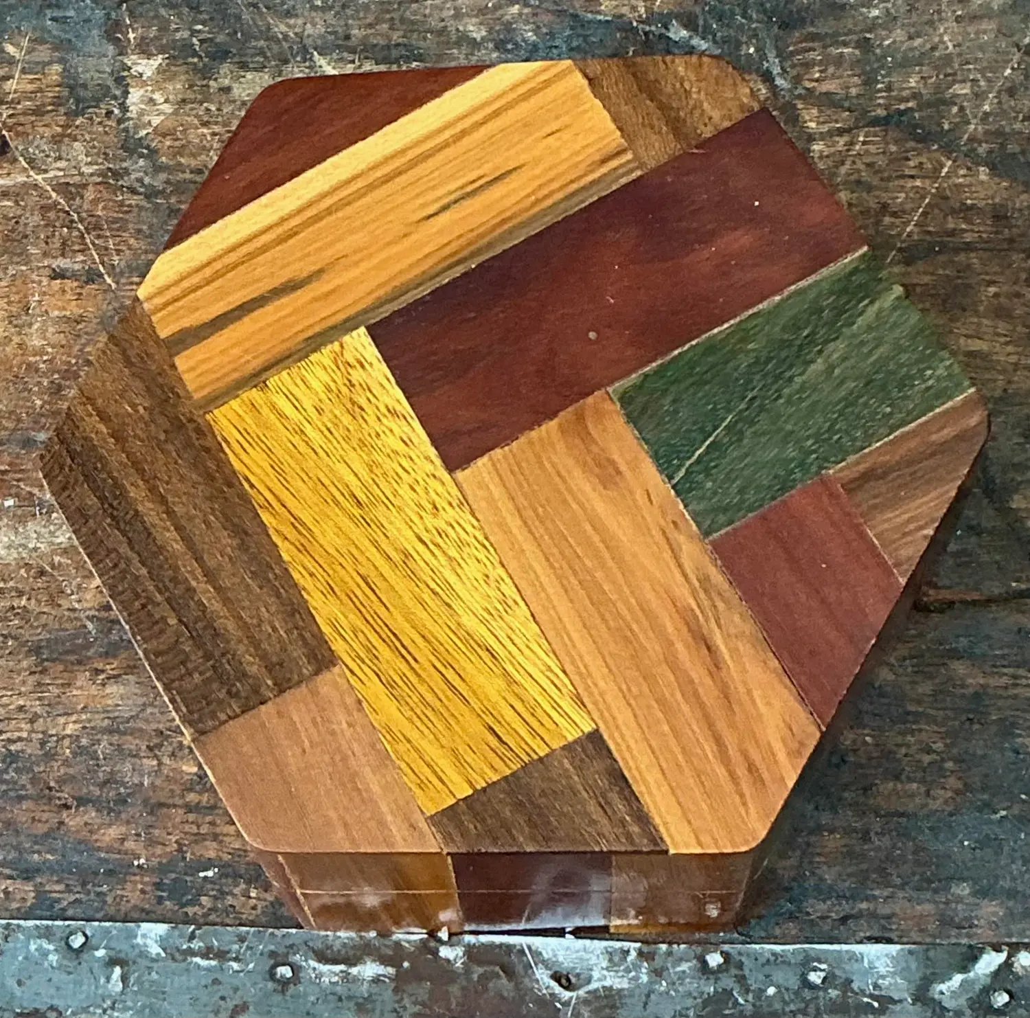 Vintage Octagon Marquetry Hexagon Box - Side view