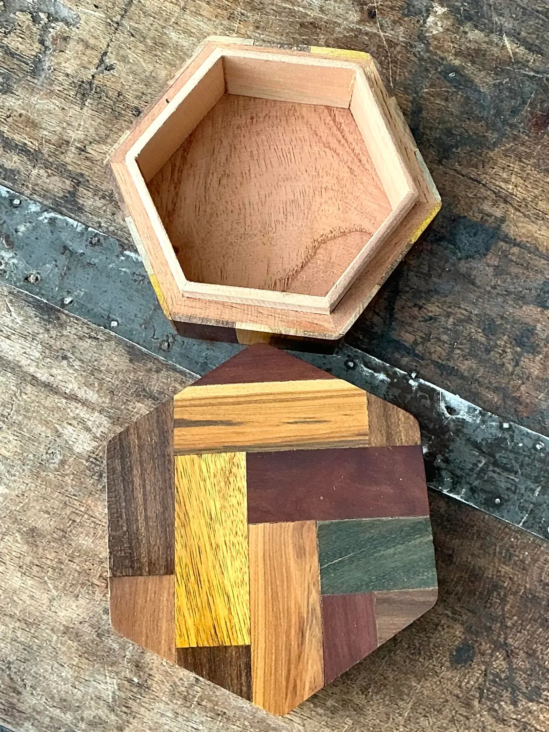 Vintage Octagon Marquetry Hexagon Box - Top view