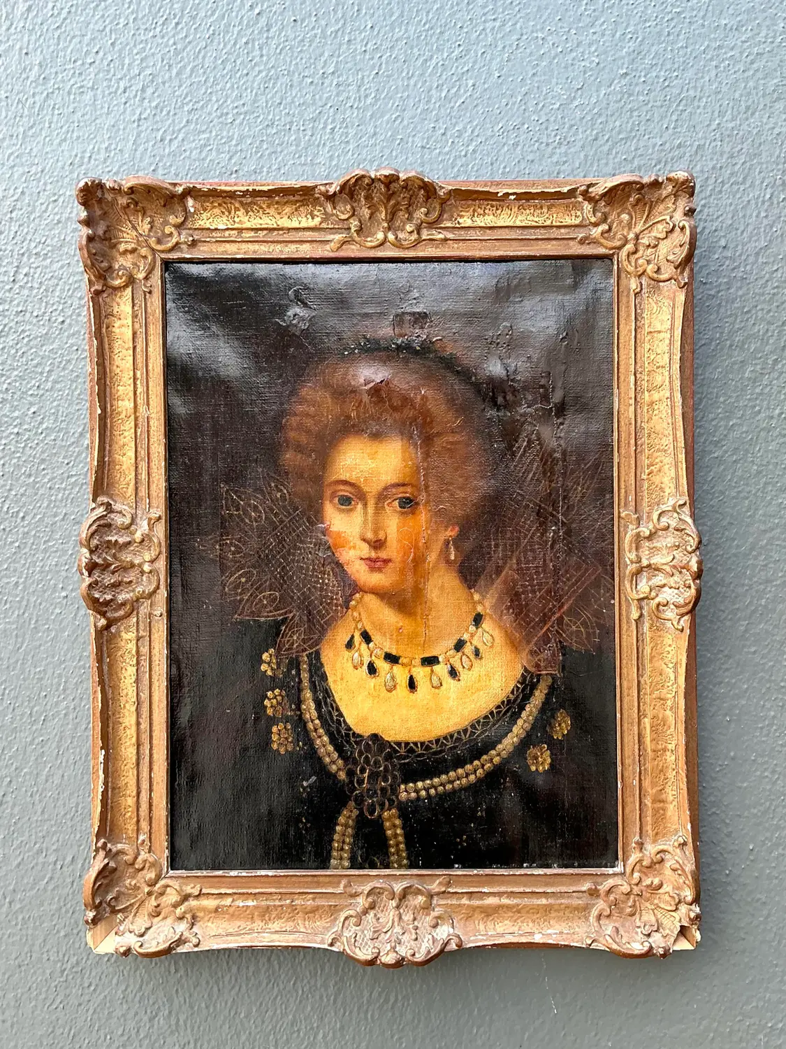 Vintage Original 19th Century Oil Portrait on Canvas - Detail view