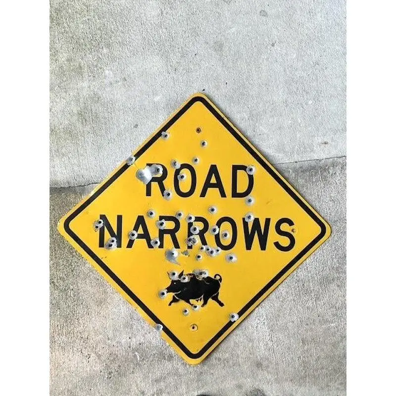 Vintage Original Bullet Road Narrows Sign - Detail view