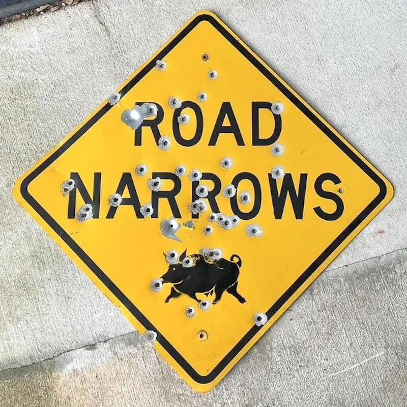 Vintage Original Bullet Road Narrows Sign - Side view