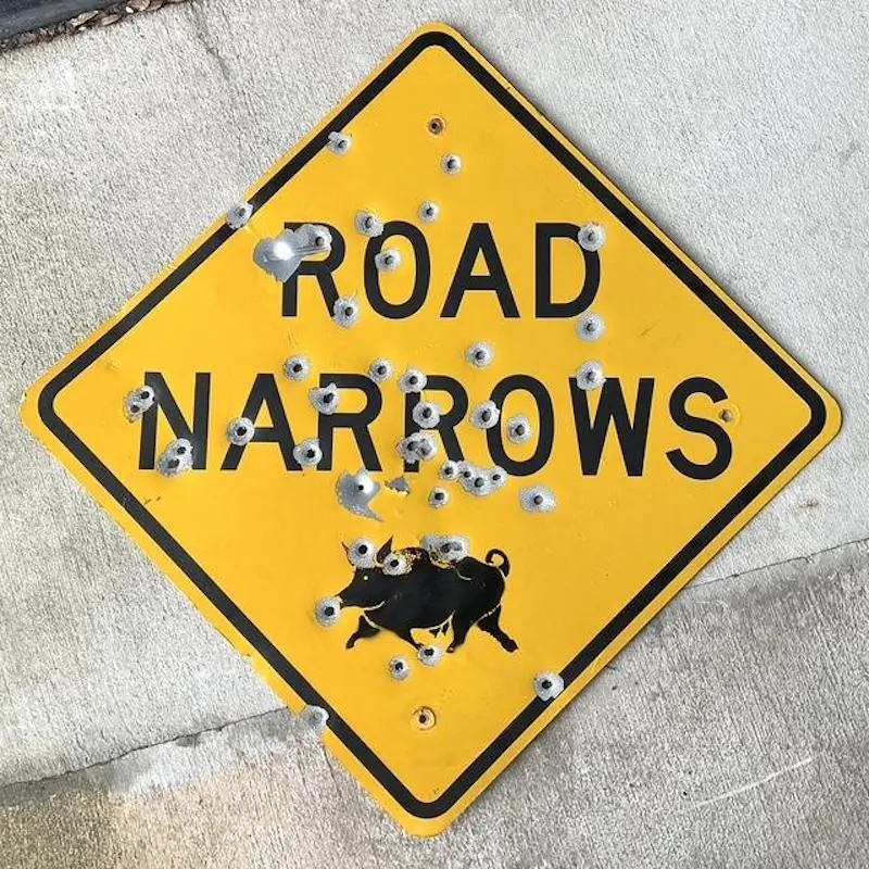 Vintage Original Bullet Road Narrows Sign - Top view
