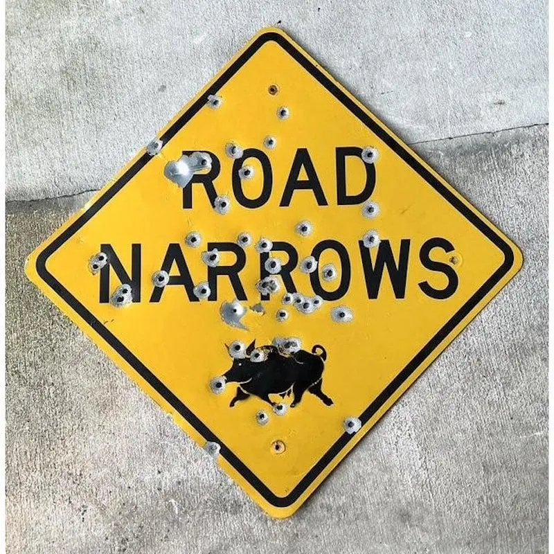 Vintage Original Bullet Road Narrows Sign - Back view