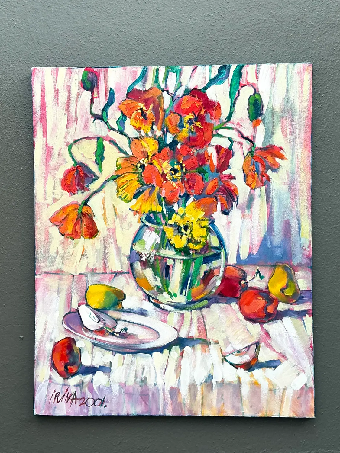 Vintage Original Floral Oil Painting on Canvas - Top view