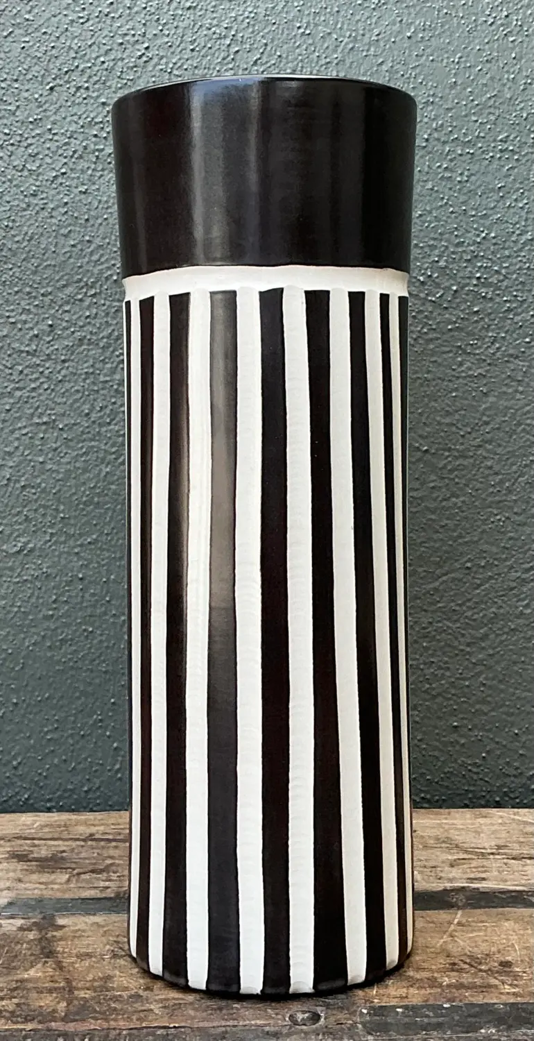 Vintage Original Graphic Black and White Glazed Ceramic Vase - Side view