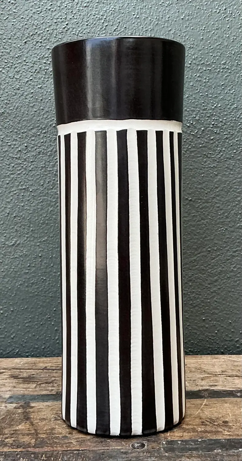 Vintage Original Graphic Black and White Glazed Ceramic Vase - Detail view