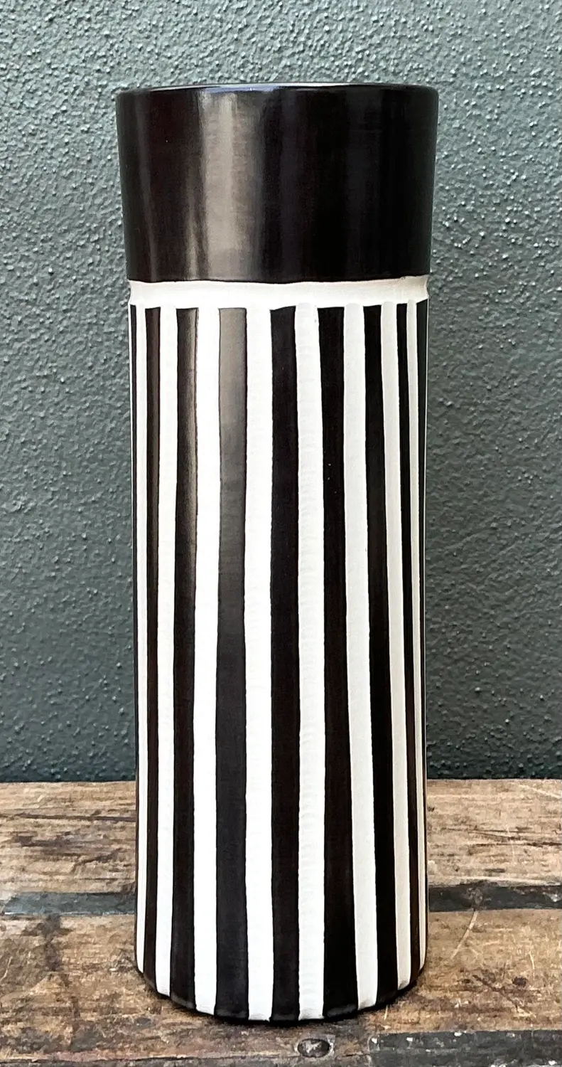 Vintage Original Graphic Black and White Glazed Ceramic Vase - Back view