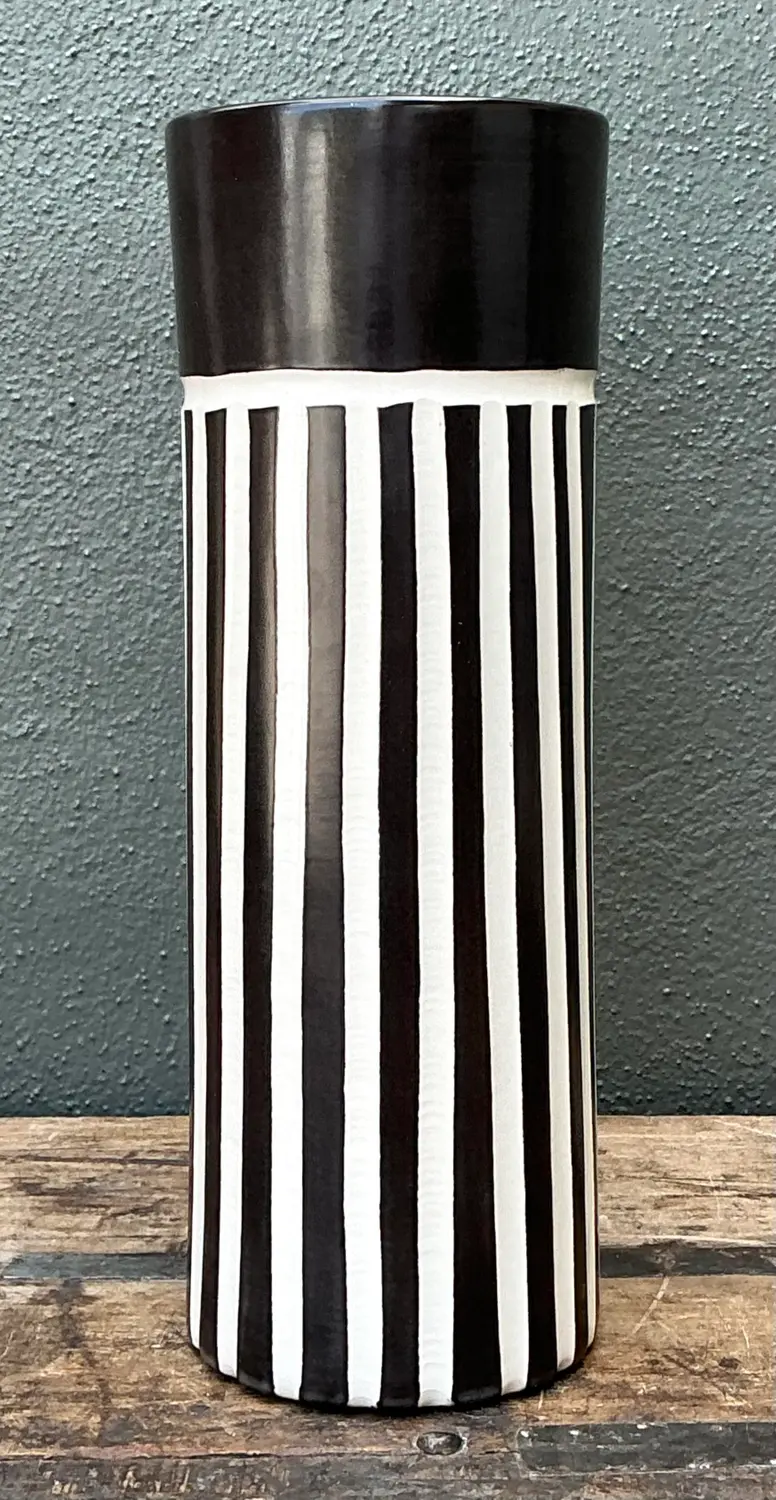 Vintage Original Graphic Black and White Glazed Ceramic Vase - Top view