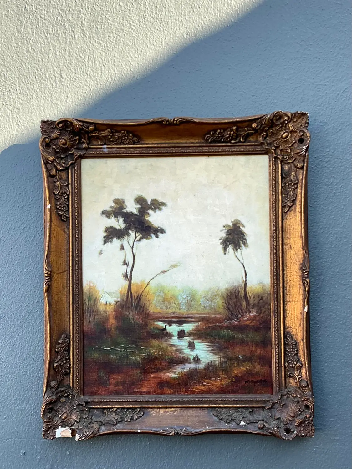 Vintage Original Landscape Oil on Canvas - Detail view