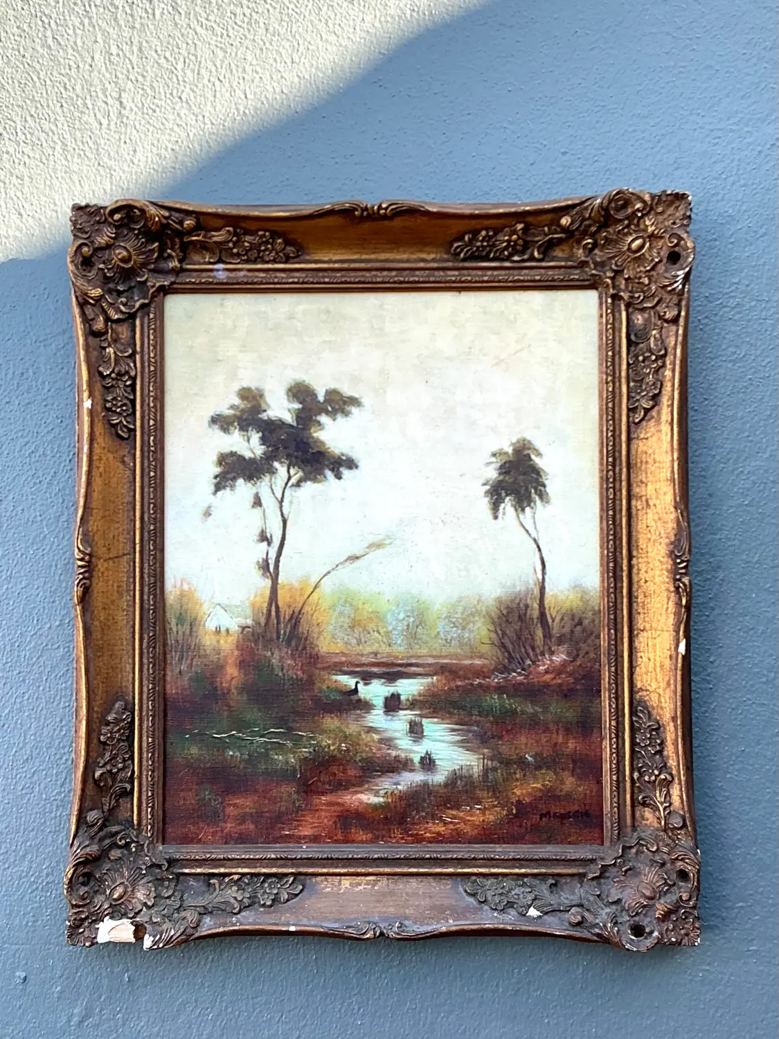 Vintage Original Landscape Oil on Canvas - Top view