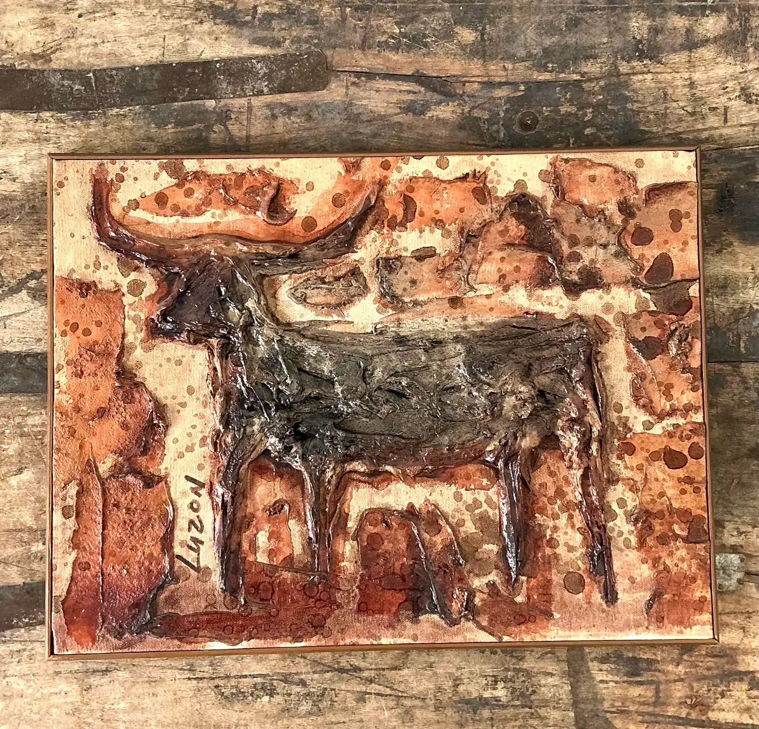 Vintage Original Mixed Media Bull on Canvas - Side view
