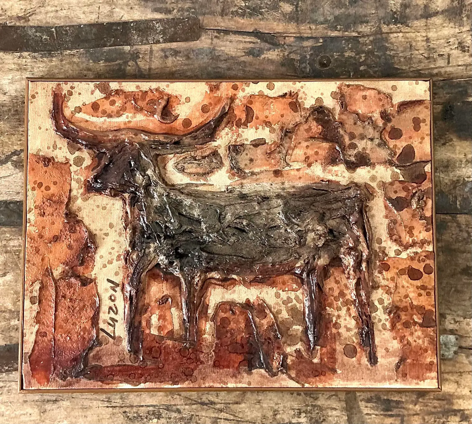 Vintage Original Mixed Media Bull on Canvas - Back view